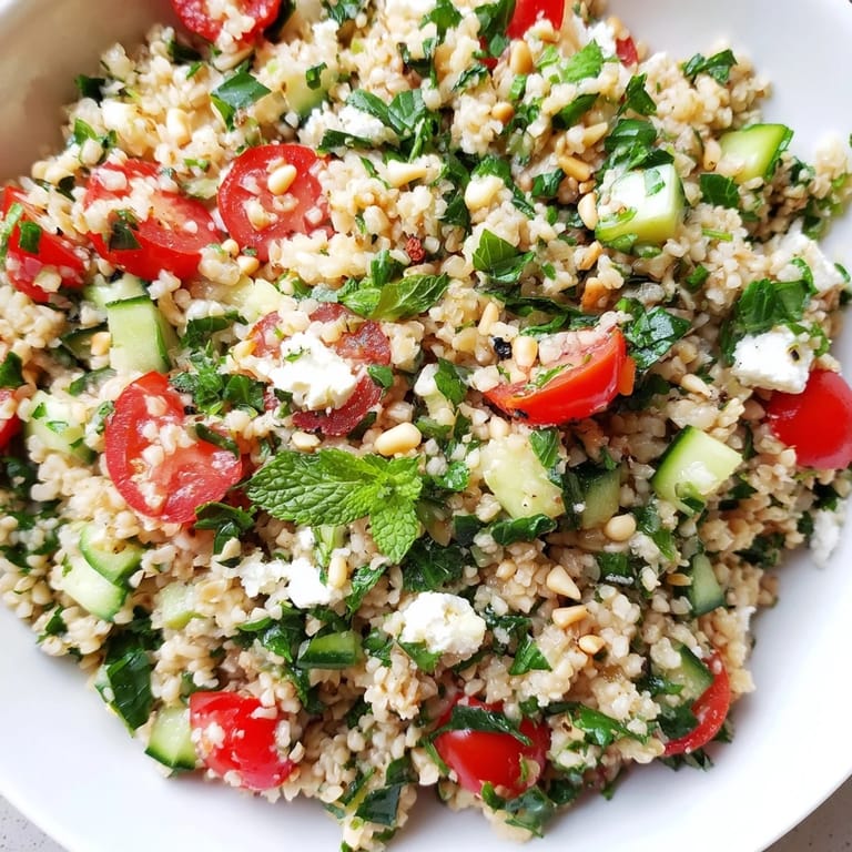 Bright red tomatoes and green herbs star in this vibrant Tabbouleh Grain Bowl, perfect for lunch.