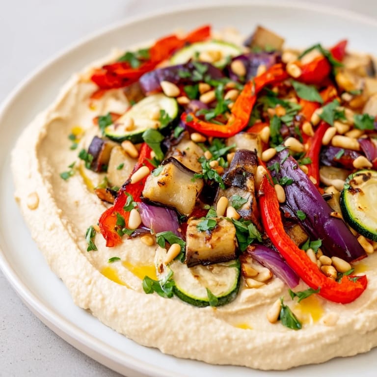 Close-up shot shows colorful, healthy hummus roasted veggies with fresh herbs and drizzled olive oil.