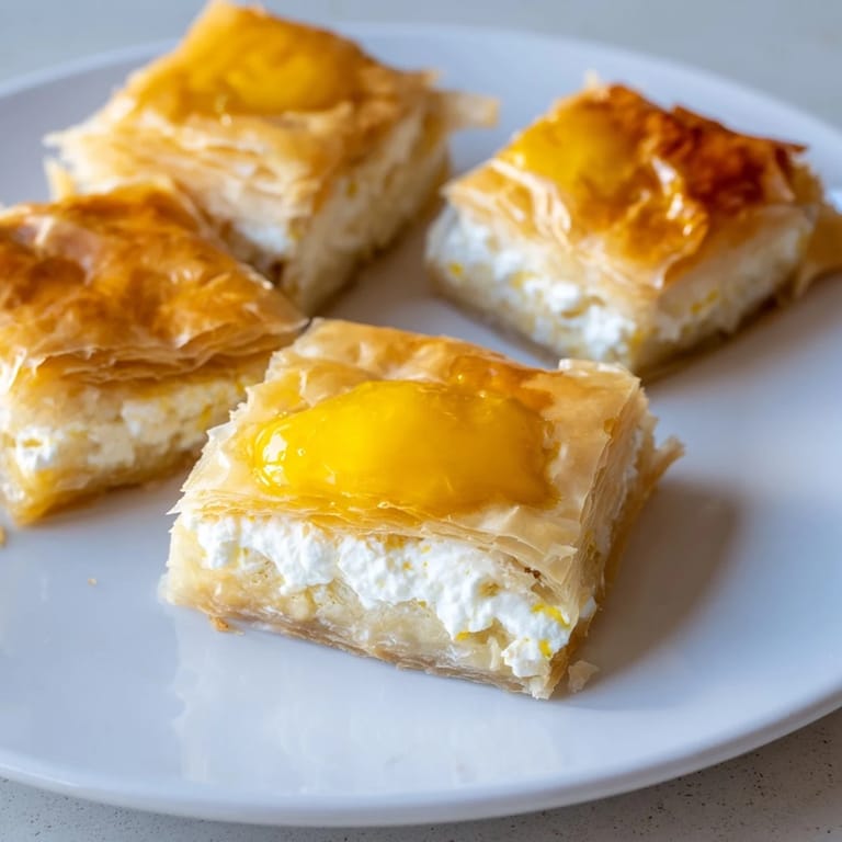 Warm, bubbling Serbian Gibanica showcasing the beautiful, cheese-filled phyllo pastry layers after baking.