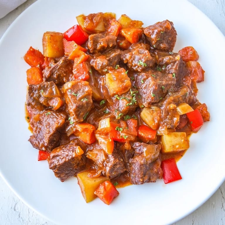 A close-up shot of a hearty Hungarian Goulash stew, showcasing rich flavors and textures.