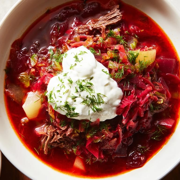 A beautiful serving of flavorful Ukrainian Borscht with fresh dill, perfect for a cozy, comforting meal.