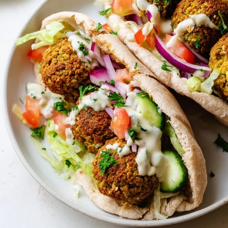 Enjoy a delicious bite of a falafel pita pocket, complete with crunchy falafel and colorful garnishes.