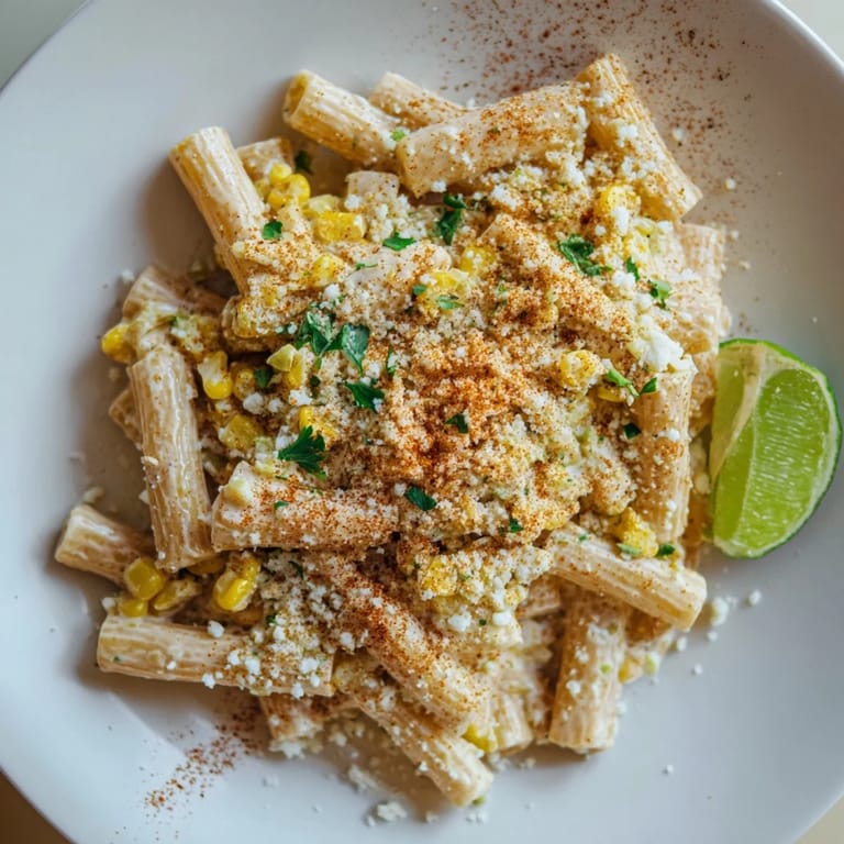 Enjoy a plated serving of delicious Mexican street corn pasta with a spicy, creamy sauce.