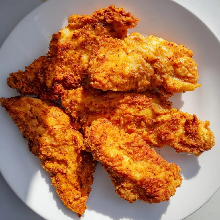 A close-up of delicious crispy fried chicken tenders, hot and fresh from the fryer, perfect for dinner.