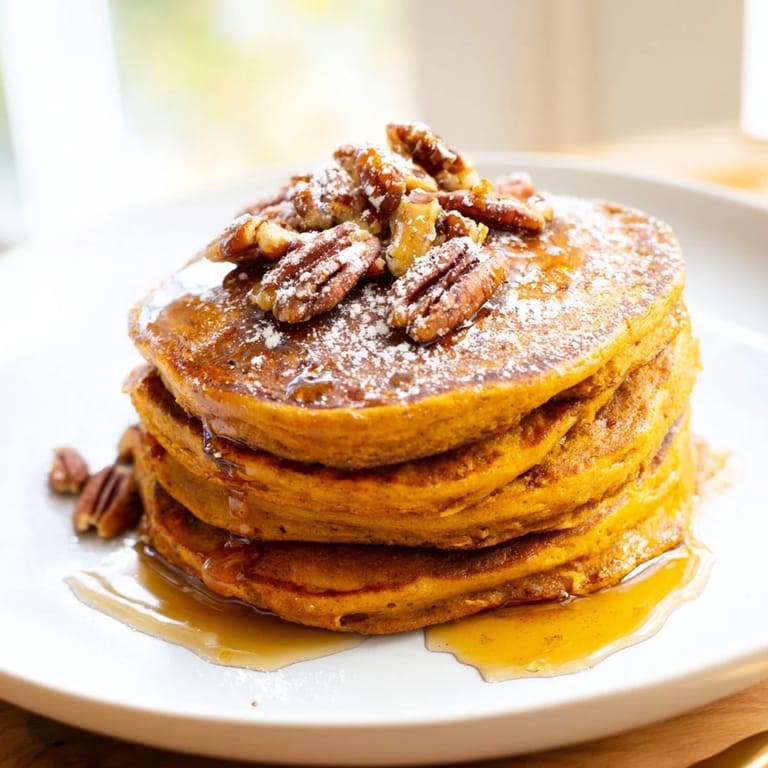 Warm, spiced pumpkin spice pancakes with a dusting of powdered sugar, perfect for fall brunch.