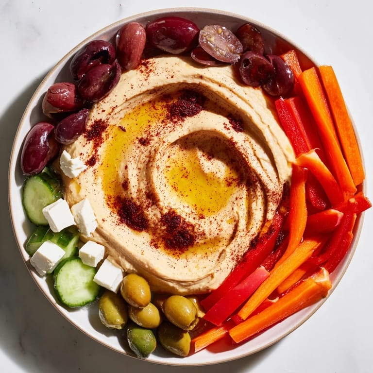 See the delicious array of a Middle Eastern Mezze Platter: fresh veggies, tangy olives, and creamy hummus.