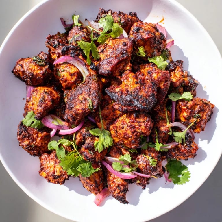 Close-up of juicy Indian Tikka Spiced Chicken with visible seasonings, ready to serve with rice.