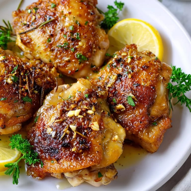 Tender, juicy Garlic Butter Chicken Thighs, served with a drizzle of rich, flavorful garlic butter sauce.