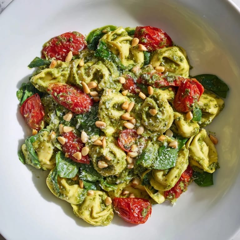 Cool, cooked tortellini tossed in vibrant pesto, perfectly complemented by juicy cherry tomatoes in this salad.