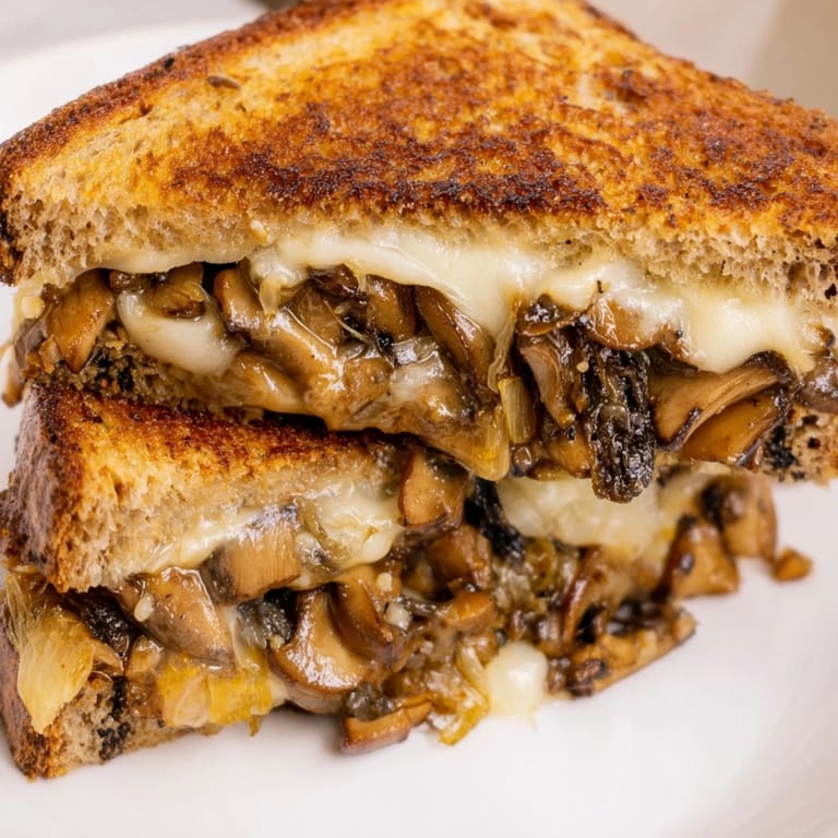 Close-up of a Mushroom Swiss Grilled Cheese, rich with sautéed mushrooms and creamy Swiss, served hot and delicious.
