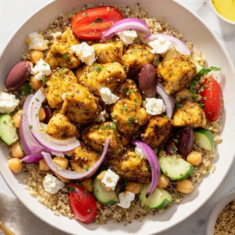 Mediterranean Chicken Bowl featuring golden chicken, fresh herbs, and a vibrant lemon-oregano dressing served.