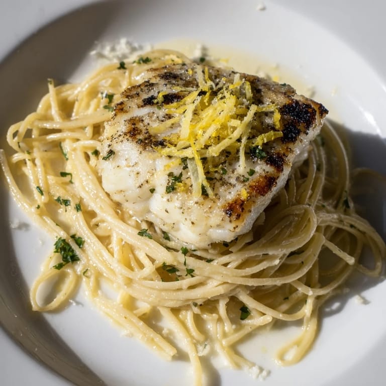 Zesty Lemon Bass Pasta: Imagine perfectly cooked white fish over spaghetti, finished with fresh parsley.