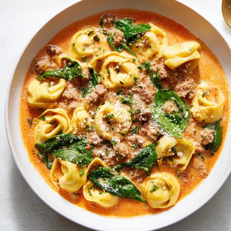 Creamy homemade Tuscan Tortellini Soup, pictured with a swirl of rich broth, perfect for a cold evening.