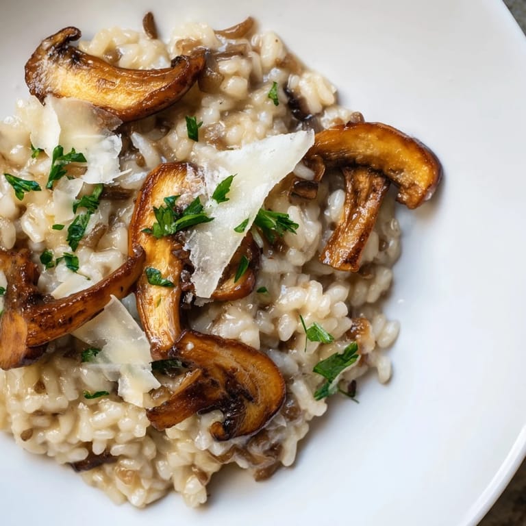 Close-up of the creamy, flavorful Roasted Mushroom Risotto, an Italian-inspired vegetarian main course.
