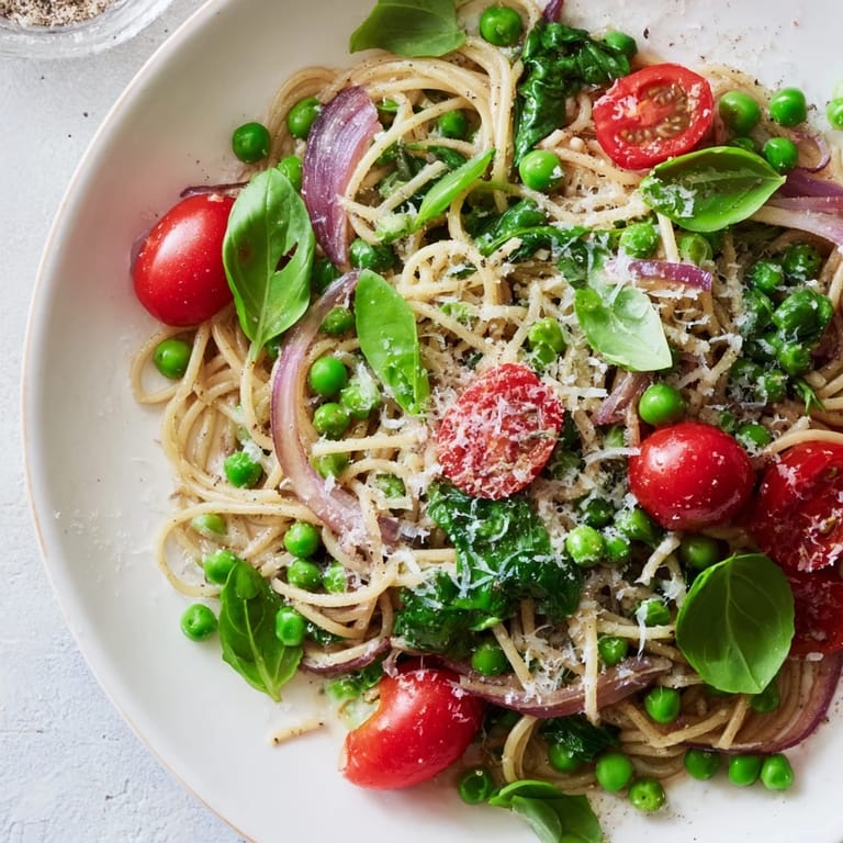 Tender Spring Veggie One-Pot Spaghetti, showcasing peas and spinach with parmesan cheese scattered on top.