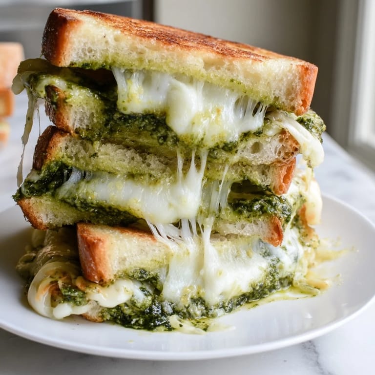 Warm and gooey sourdough pesto grilled cheese, promising a melty cheese pull and irresistible flavors.