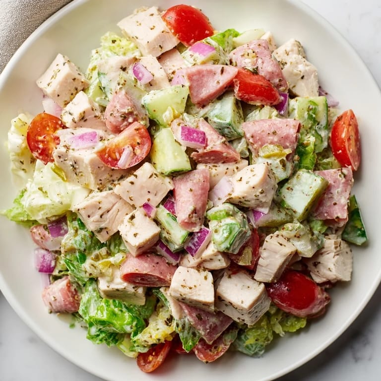 A colorful view of Italian Deli Chopped Chicken Salad, featuring salami and pepperoncini, ready to serve.