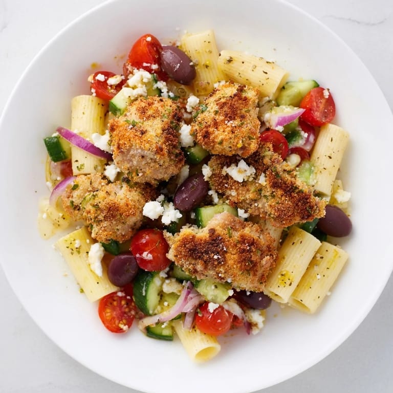Tender pasta and crispy chicken combine in this vibrant, delicious Crispy Chicken Greek Pasta.