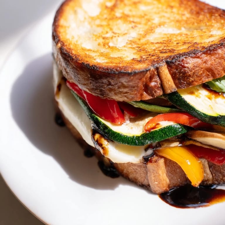 Cheesy pull shot of the Roasted Veggie Caprese Grilled Cheese featuring roasted vibrant vegetables.
