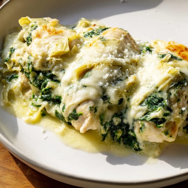 Golden-brown Spinach & Artichoke Chicken Bake with creamy topping, ready to serve for dinner tonight.