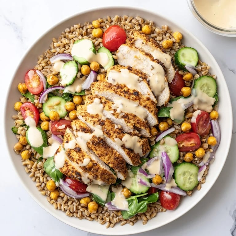A colorful photo showing a healthy Lemon Tahini Chicken Power Bowl overflowing with fresh ingredients and flavors.
