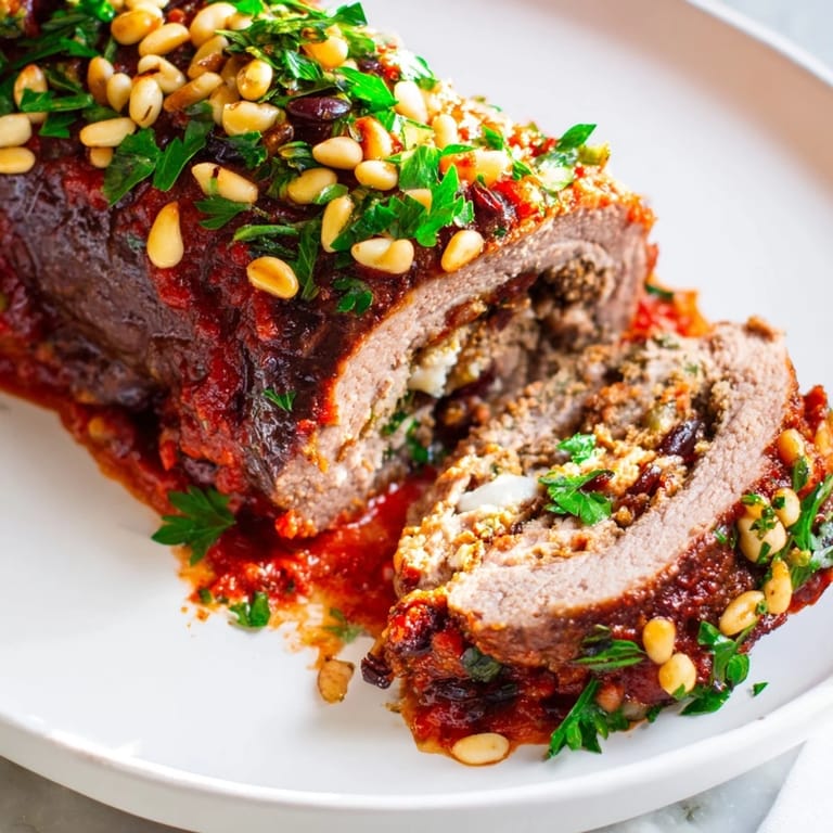 A rustic skillet of simmering Sicilian-Style Braciole, beef rolls slowly cooking in thick tomato sauce with herbs.