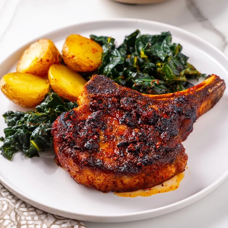 A vibrant plate of Aleppo Pork Chops, roasted baby potatoes, and wilted greens with lemon.