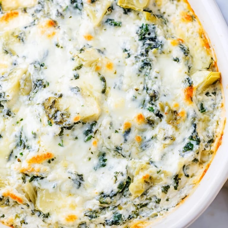 Fresh spinach and tender artichoke hearts baked with melted mozzarella and Parmesan in a savory appetizer.  