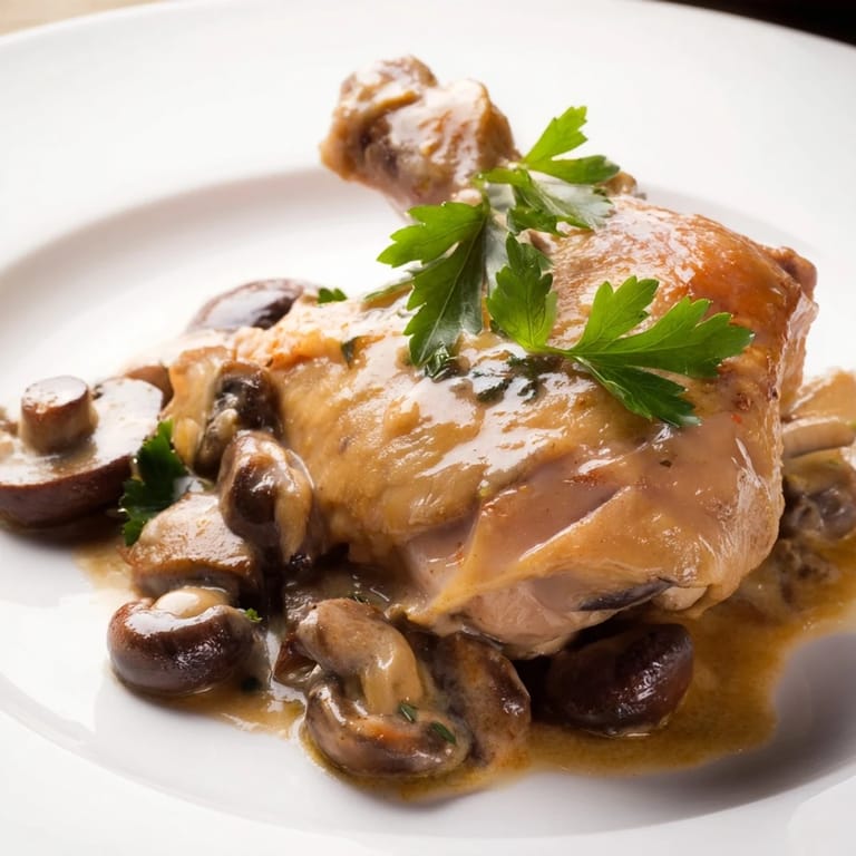 Tender braised chicken in a creamy pink wine sauce, ready to be enjoyed with crusty bread.