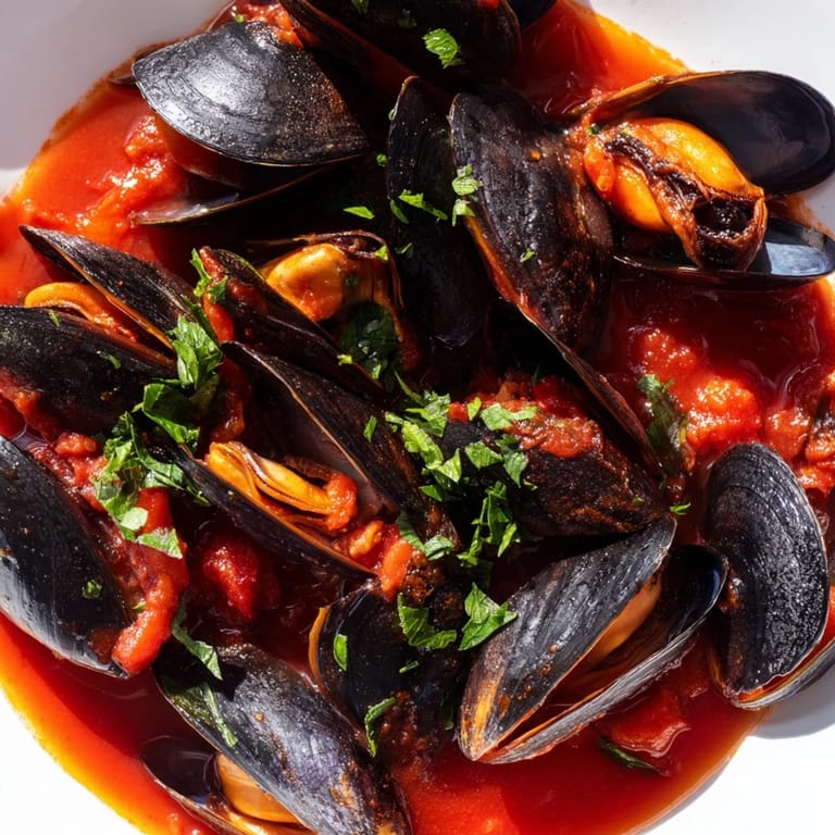 Smoky Mussels Pomodoro in a Dutch oven, ready to serve with crusty bread for dipping into the rich broth.
