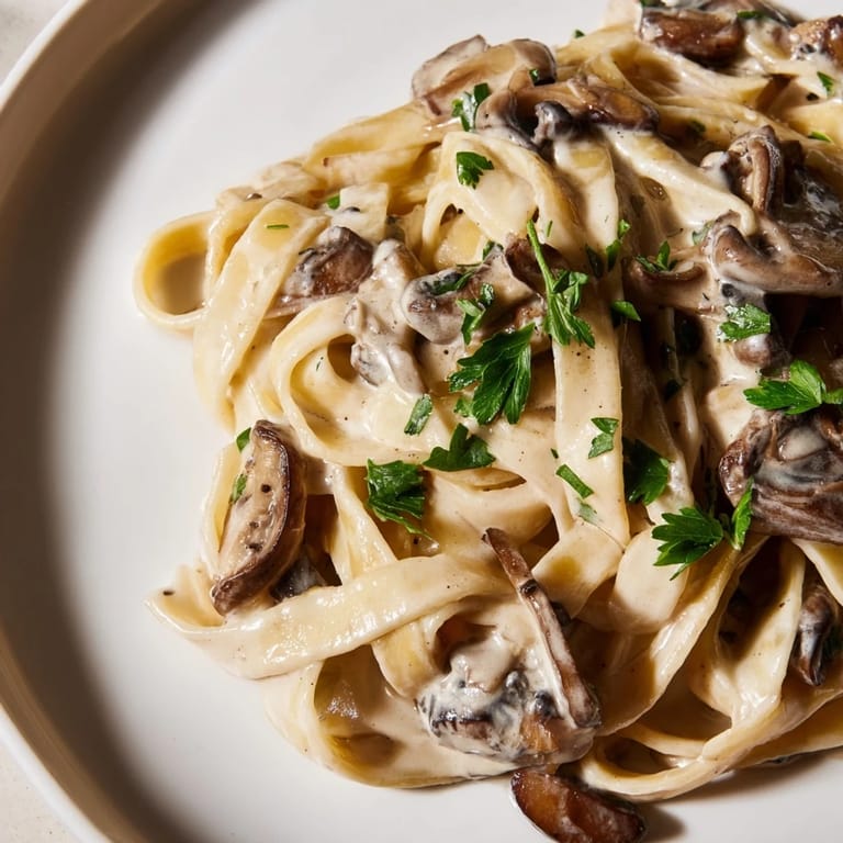 Close-up of Creamy Mushroom Stroganoff, highlighting the luscious sour cream sauce, umami-rich mushrooms, and a dusting of smoked paprika over fettuccine noodles.