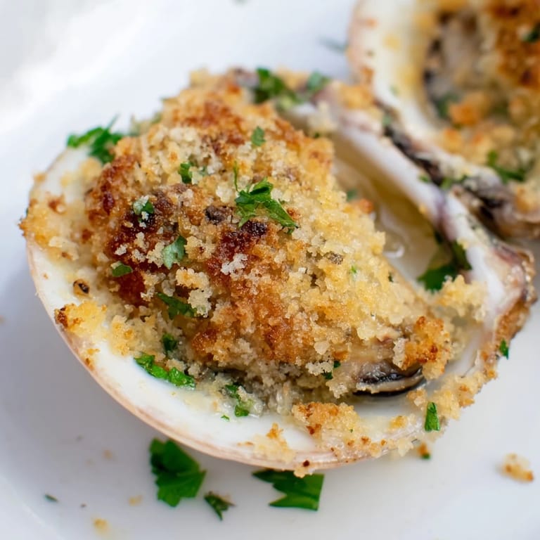 Lemony panko baked clams on half shells, garnished with parsley and lemon, ready to serve with white wine.