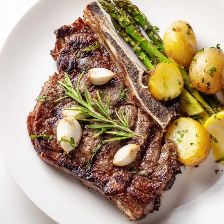 Succulent grilled bone-in rib eye steak plated with a classic side of buttered potatoes and grilled asparagus, garnished with lemon.