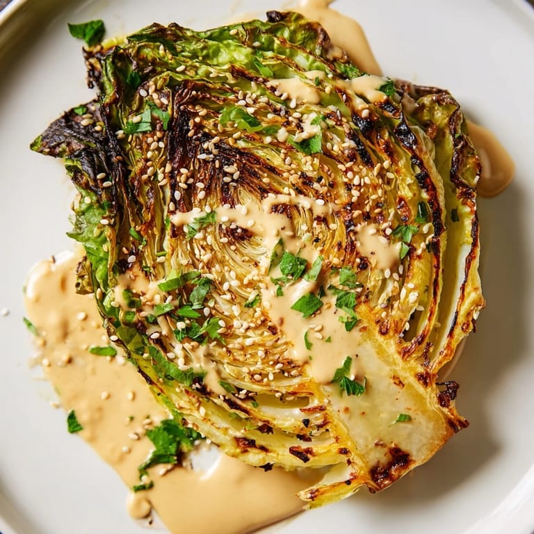 Freshly roasted cabbage wedges topped with tahini sauce and herbs, served as a vibrant Middle Eastern-inspired side dish.