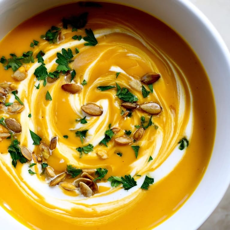 Healthy Butternut Squash Soup served hot with crusty bread, showcasing a vibrant orange purée and toasted pumpkin seeds.