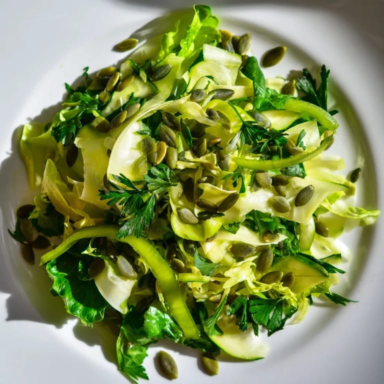 A close-up of the Glowing Green Salad, tossed with a light lemony vinaigrette and topped with crunchy pumpkin seeds for texture.