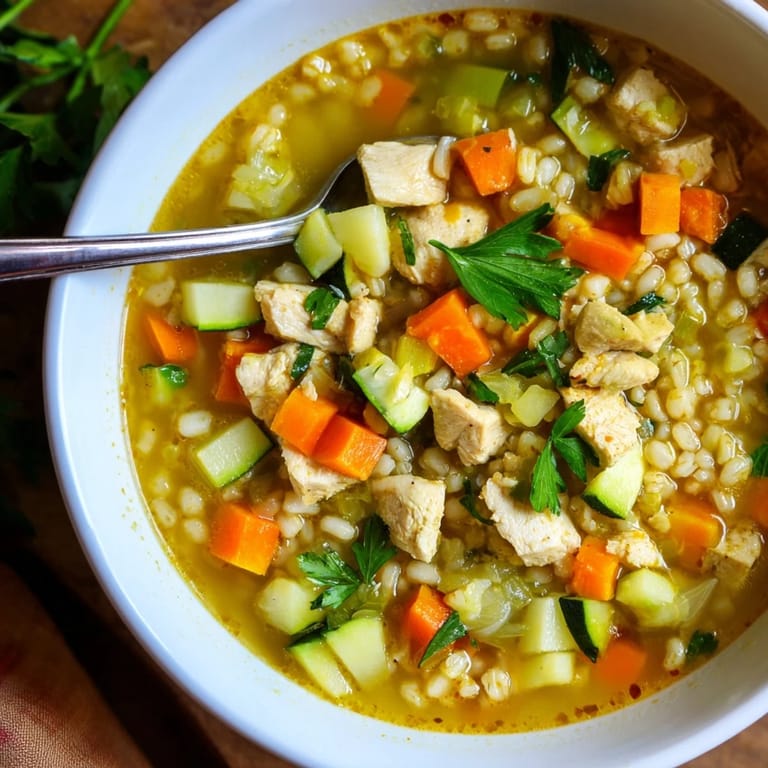 A close-up of Soothing Turmeric Chicken With Pearl Barley in a white bowl, steam rising and spinach wilting on top.