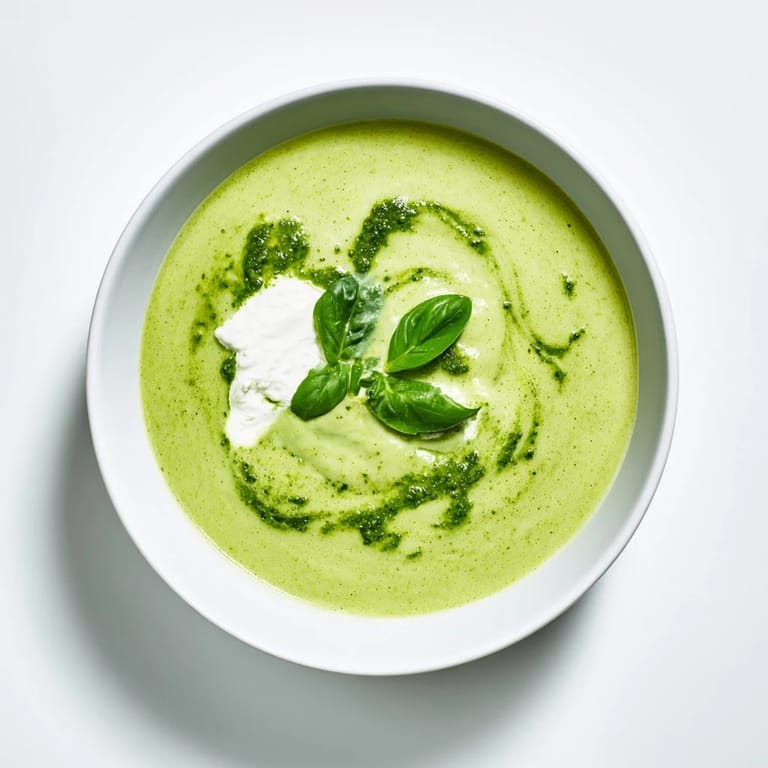 Close-up of a ladle pouring Courgette, Pea and Pesto Soup into a rustic bowl, steam rising.