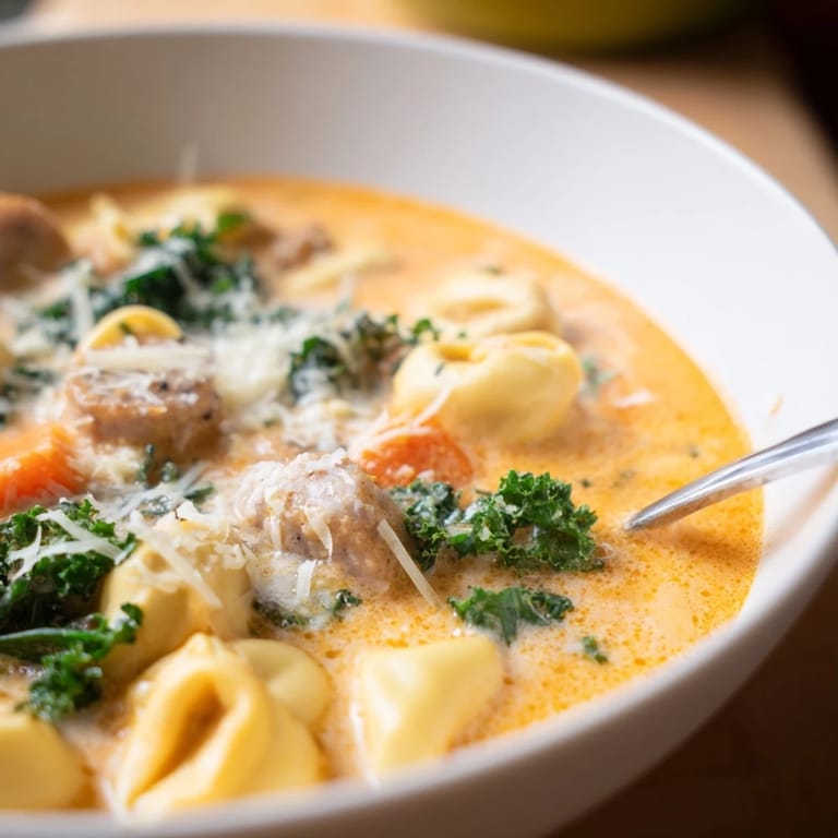 A close-up of golden pumpkin tortellini soup, featuring chicken sausage rounds and wilted kale.  