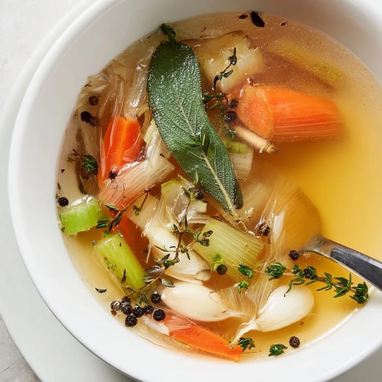 Straining homemade Vegetable Broth From Scraps through a fine sieve, capturing the deep aroma of aromatics like bay leaf and peppercorns.