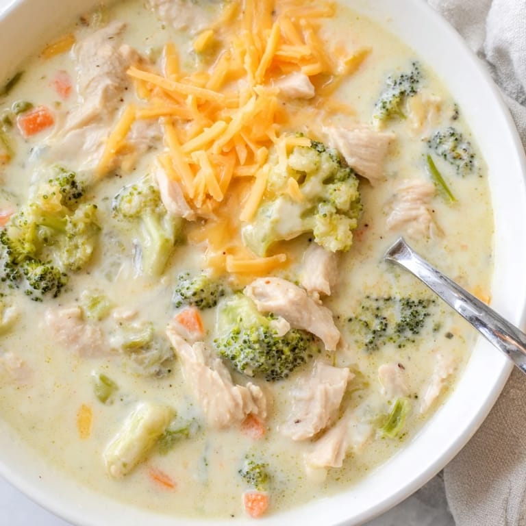 A ladle pours rich Best Chicken Broccoli Cheddar Soup into a mug, garnished with shredded cheddar and fresh herbs.  