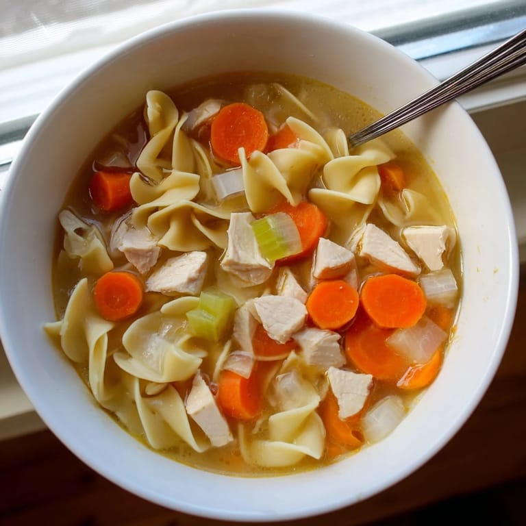 Classic chicken noodle soup served in a rustic bowl, garnished with fresh parsley and a slice of crusty bread.