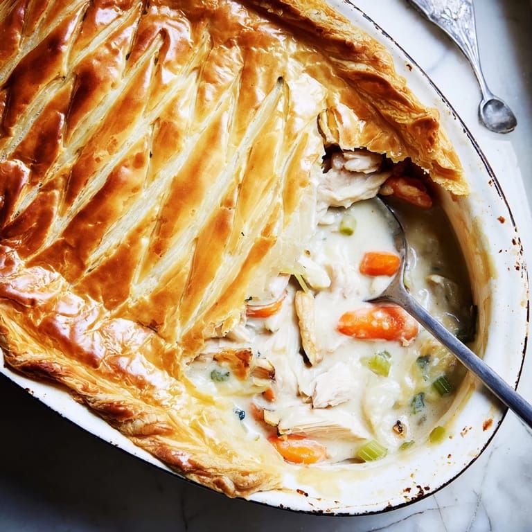 Fresh thyme garnishes this rustic Chicken and Leek Pie, served beside creamy mashed potatoes for a cozy meal.