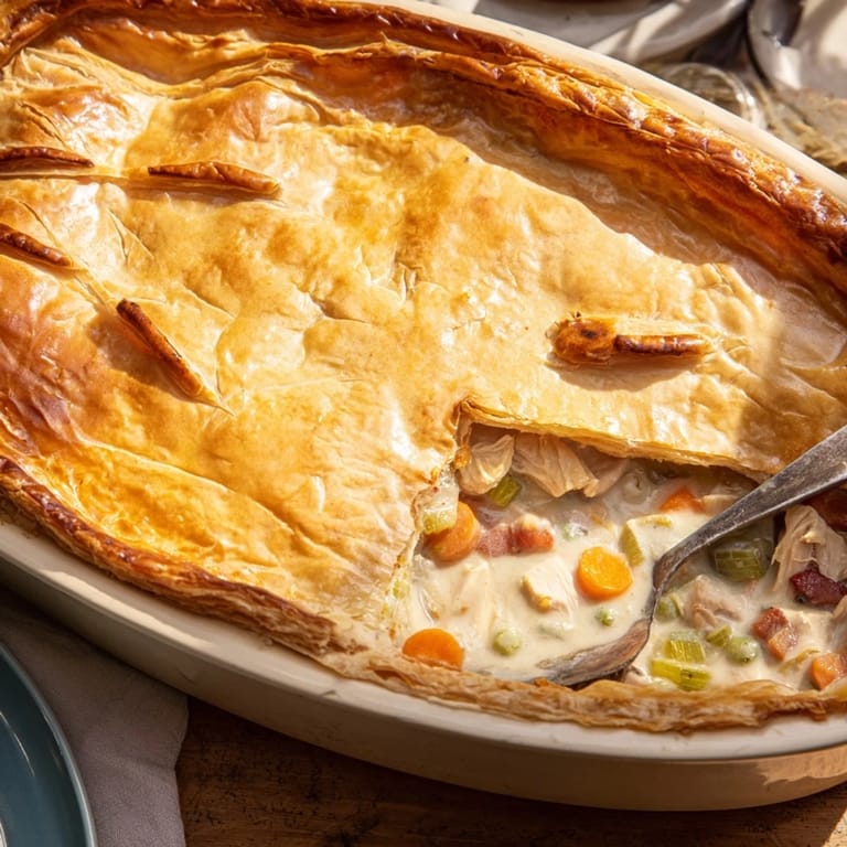 Sliced Chicken and Leek Pie shows tender chicken, sautéed leeks, and smoky bacon in a rich, creamy filling.