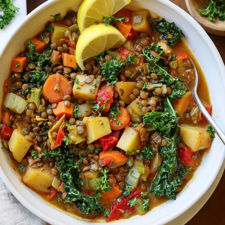Hearty Vegetarian Lentil Stew with smoky cumin and paprika, served hot with a bright squeeze of lemon.