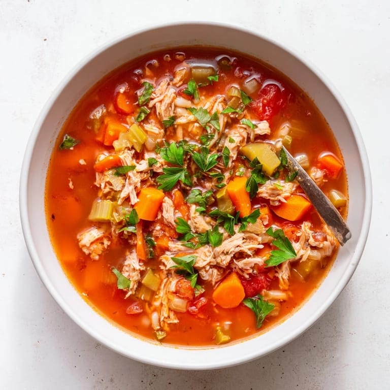Vibrant red and gold Tuna and Tomato Soup in a white ceramic pot, with olive oil drizzle and fresh parsley garnish.