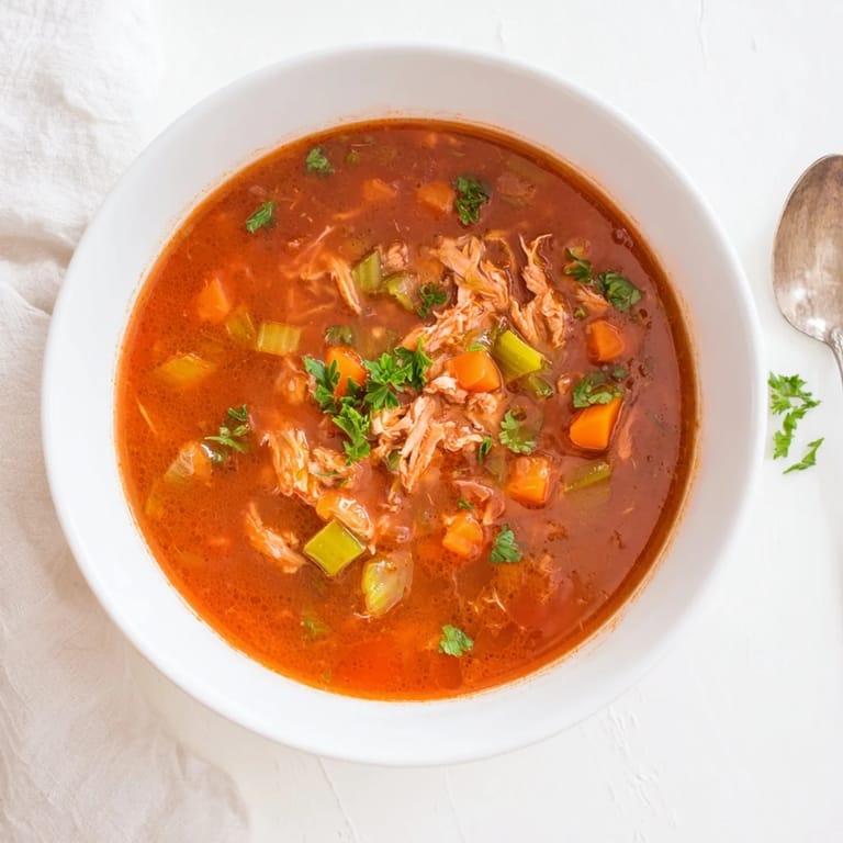 A steaming bowl of homemade Tuna and Tomato Soup features tender flaked tuna, diced tomatoes, and aromatic vegetables simmered to perfection.  