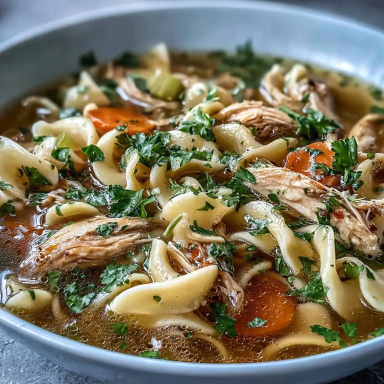 Close-up view of a ladle pouring Chicken and Noodle Soup into a ceramic bowl, showing the rich broth, soft noodles, and fresh herbs ready to be enjoyed hot.