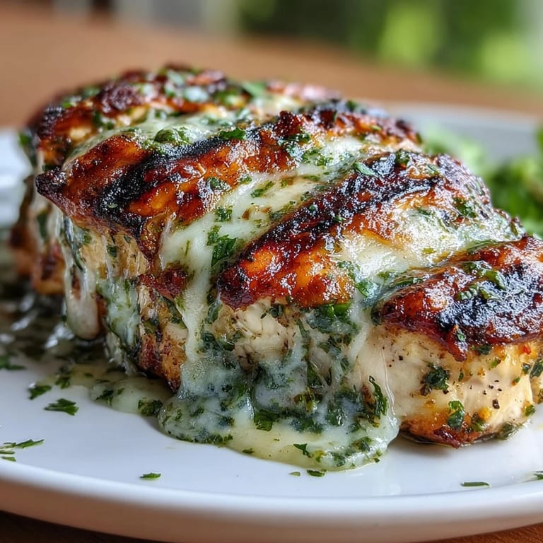 Close-up of grilled salsa verde pepper jack chicken, creamy melted cheese and cilantro garnish on a plate.