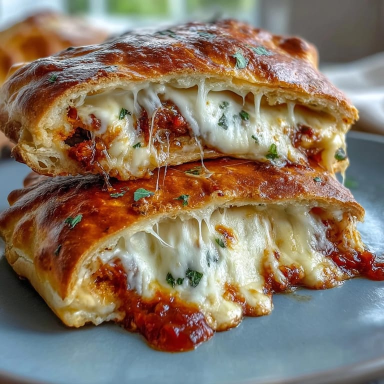 Two High Protein Pizza Hot Pockets on a white plate, showing melted low-fat cheese oozing from the flaky crust.